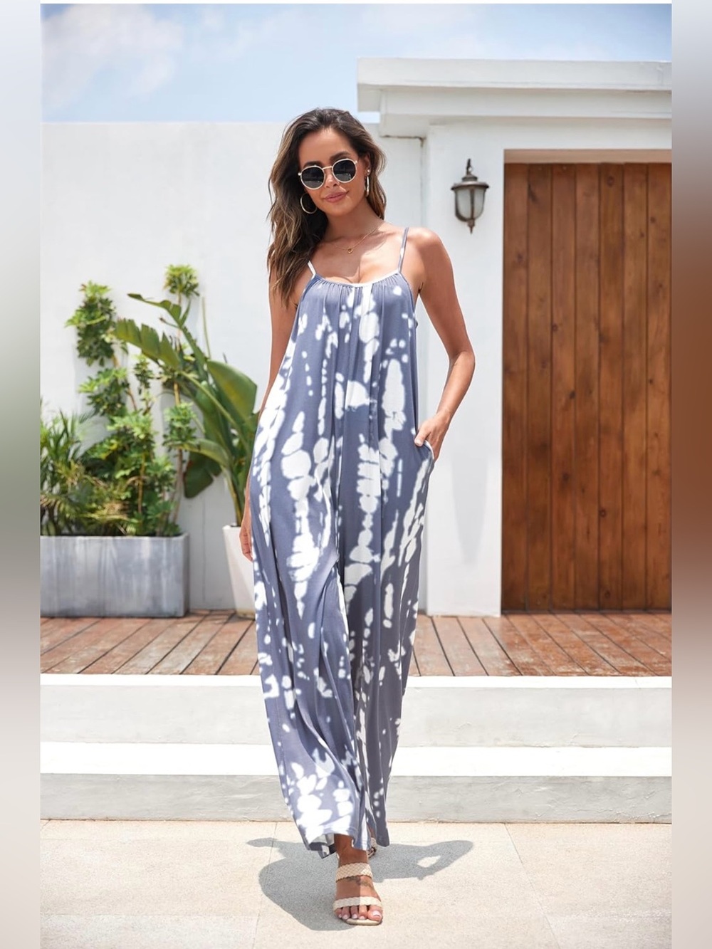 FKEEP Women's Adjustable Strap Romper Casual Wide Legs Pants with Pockets-SIZE M